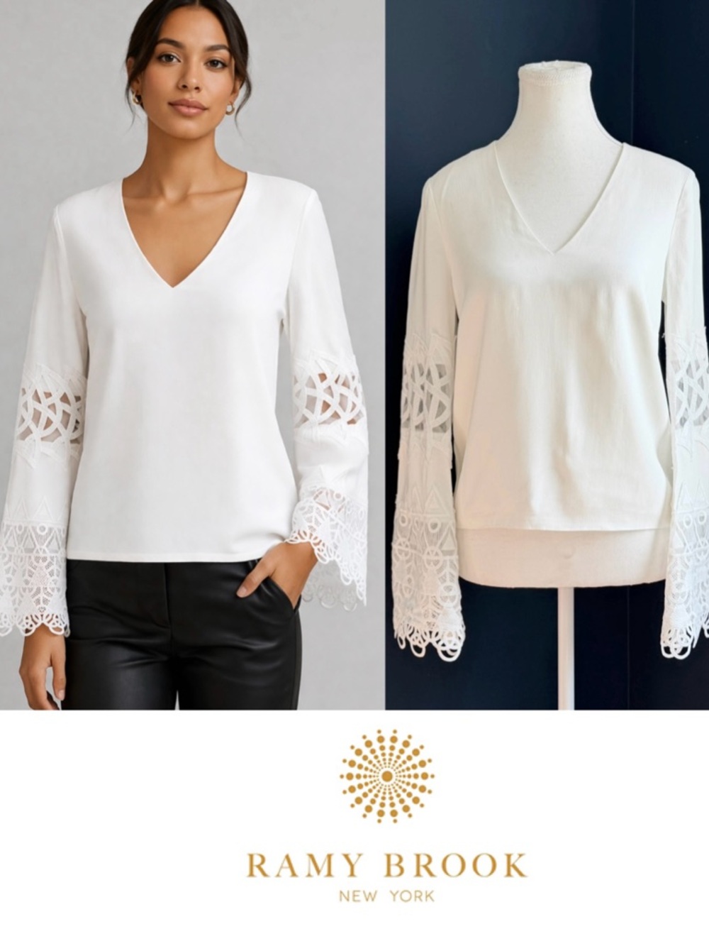 RAMY BROOK White Blouse | V-Neck Bell Sleeves with Lace Embroidery | Size XS
